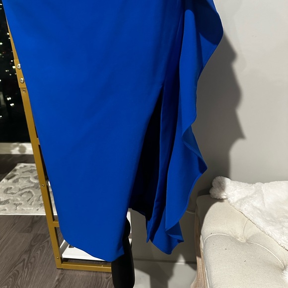 Aidan Mattox Ruffled One Shoulder Sapphire Blue Cocktail Midi Dress size 14 - Picture 6 of 11